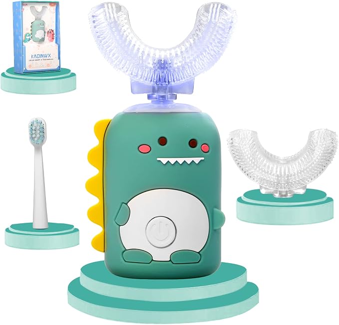 Kids U Shaped Electric Toothbrush for Age 2-12, Rechargeable Toddler Toothbrush with 60S Smart Timer, Dinosaur Design, IPX7 Waterproof & 360°Cleaning,Develop Kids' Brushing Habits