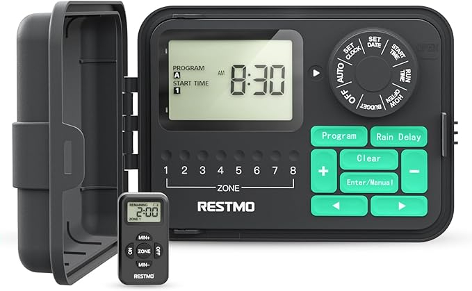 RESTMO Remote Control 8-Station Swing Panel Sprinkler System Timer, Outdoor Sprinkler Controller with Rain Delay/Manual/Automatic Watering System, Digital Irrigation for Yard, Lawn & Garden
