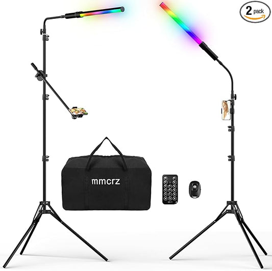 2Pack RGB LED Video Light Wand Stick with Stand, Full Color 2500-9900K Dimmable Photography Studio Lighting Kits with Gooseneck Soft Tube & Remote Control for Live Streaming/Portrait/Vlog