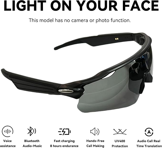 Bluetooth Smart Sunglasses for Men Women, Open-Ear Speaker Glasses with Touch Control, UV400 Polarized Lens, 5-6H Playtime for Outdoor Sports,Black and Grey