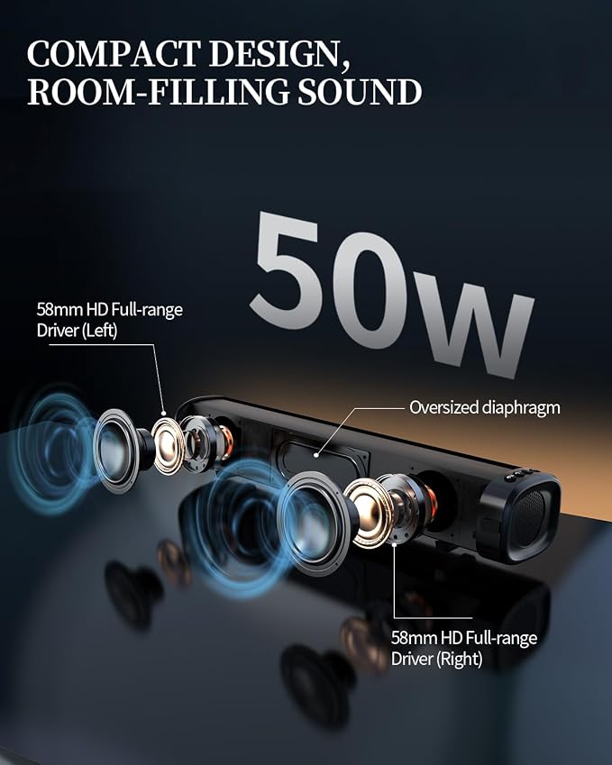 Sound Bar – 50W, Sound Bar for Smart TV, Sound Bar with Bluetooth 5.0, Optical/AUX Connectivity, Remote Control, Wall-Mountable Home Theater Audio, Compatible with TV, PC, and Phone