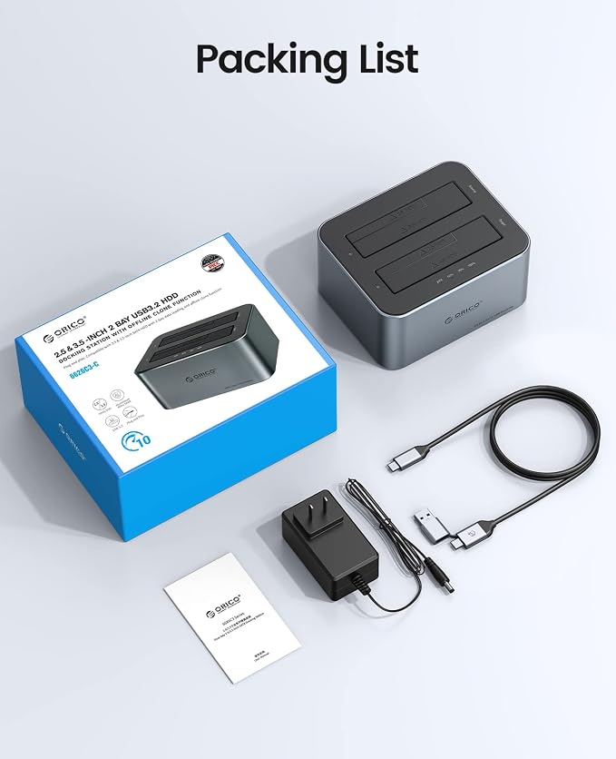 ORICO Hard Drive Docking Station with Offline Clone, Aluminum Alloy Dual Bay USB C to SATA Hard Drive Dock Holder for 2.5 or 3.5 Inch HDD 36TB UASP Support,Gray (6626C3-C)