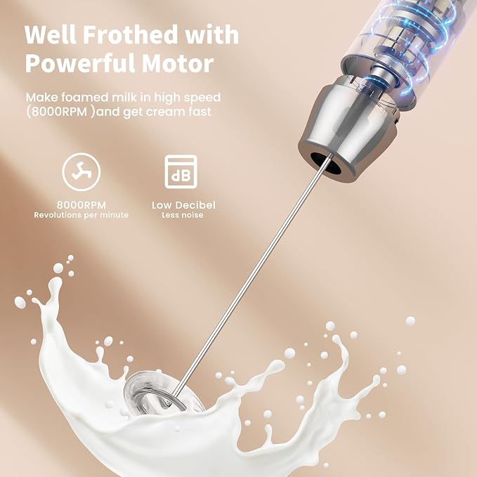 Maestri House Rechargeable Milk Frother with 3 Heads, LunaFro AS Handheld Electric Foam Maker Waterproof Detachable Stainless Steel Whisk Drink Mixer Foamer with Stand for Lattes, Cappuccino, Egg