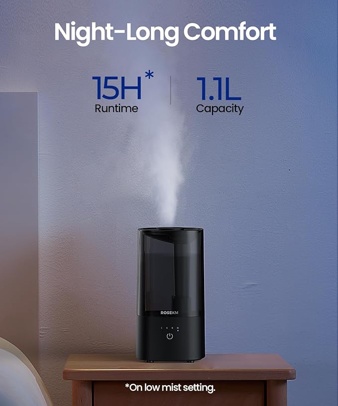 ROSEKM Humidifiers for Bedroom (1.1L), Small Cool Mist Humidifier for Home Plant and Baby Nursery, Quiet Ultrasonic Humidifier with 360° Nozzle, Auto Shut-Off, Filterless, Black