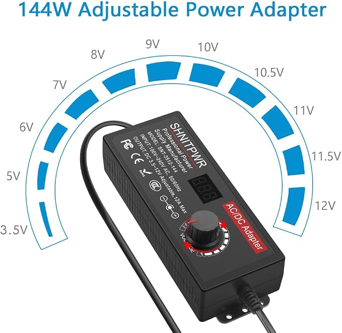 SHNITPWR Power Supply Adjustable DC 12V 11V 10V 8V 9V 6V 5V 3.5V Universal AC Adapter Multi-Voltage AC/DC Adapter 3.5V~12V 12A 144W DC Power Adapter 100V~240V AC to DC Variable Power Converter 14 Tips