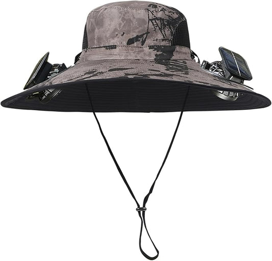 Men Women Wide Brim Sun Hats with 2 Solar Fan Waterproof Breathable Bucket Hat Outdoor Fishing Hat for Hiking Camping