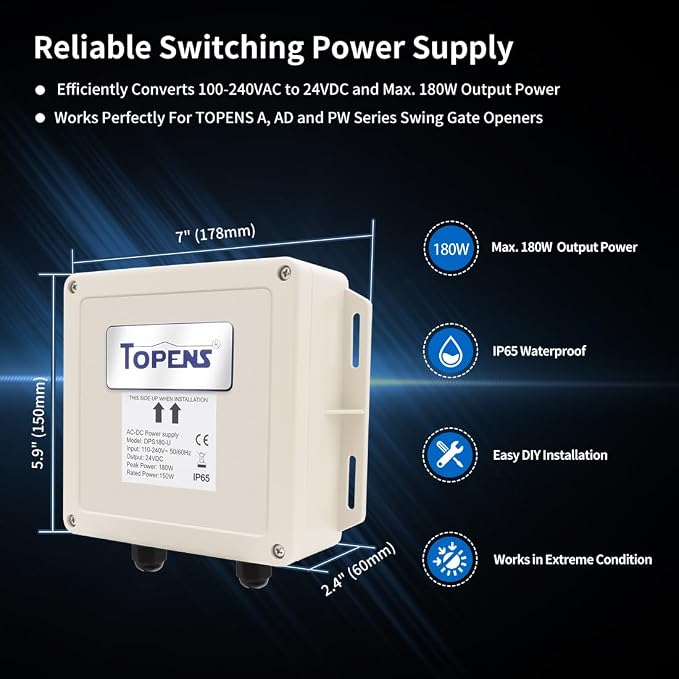 TOPENS DPS180-U AC-DC Power Supply Adapter 100-240VAC to 24VDC 150W Transformer Waterproof Converter Outdoor Use for Automatic Gate Openers CCTV Security Cameras LED Strip Lights