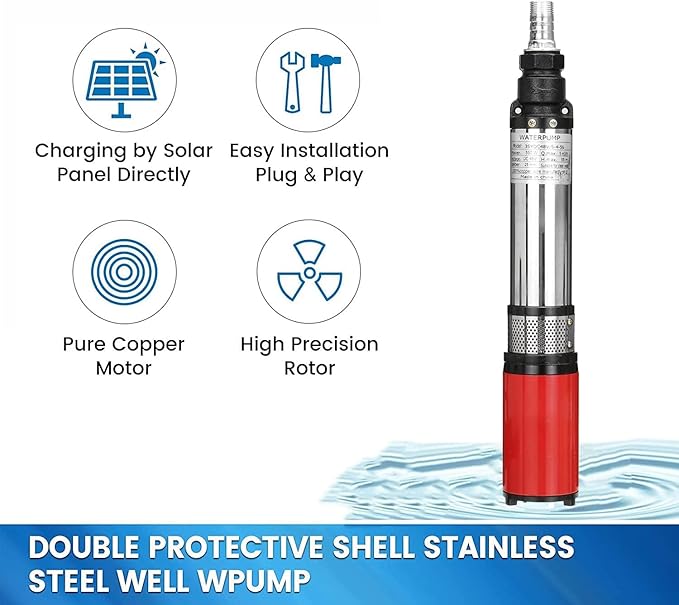 Deep Well Pump 3Inch Tube 24V DC Solar Submersible Well Pump Stainless Steel Water Pump for Well Submersible 1"Outlet Submersible Deep Water Pump 300W for Home Garden Pool Agricultural Irrigation