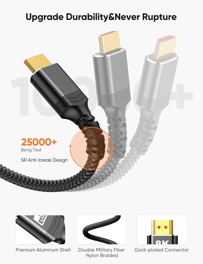 Highwings 8K HDMI Cable 2.1 2-Pack 6.6FT, Slim 48Gbps High Speed HDMI Braided Cord-4K@120Hz 144Hz 8K@60Hz, HDCP 2.2&2.3, Dynamic HDR,eARC,DTS:X,RTX 3090,Compatible with Roku TV/HDTV/PS5/Blu-ray