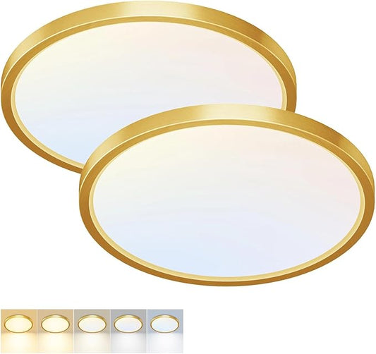 2 Pack LED Flush Mount Ceiling Light,12Inch 24W,3000K/3500K/4000K/5000K/6500K 5 Color Temperatures Ceiling Light Fixture for Kitchen Porch Hallway Bedroom Bathroom and Closet,Gold