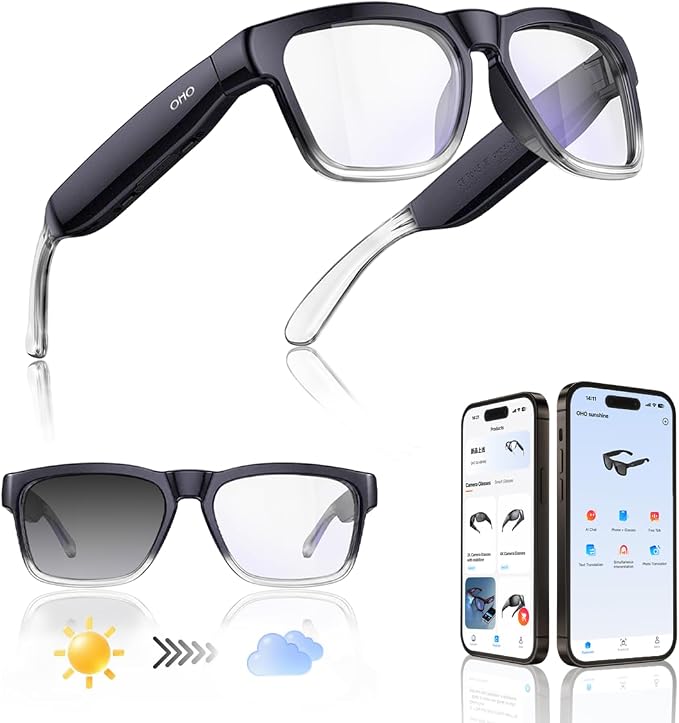 OHO Smart AI Glasses with Bluetooth Audio, Hands-Free Calling, High-Impact 2.0mm Photochromic Blue Light Blocking PC Lenses