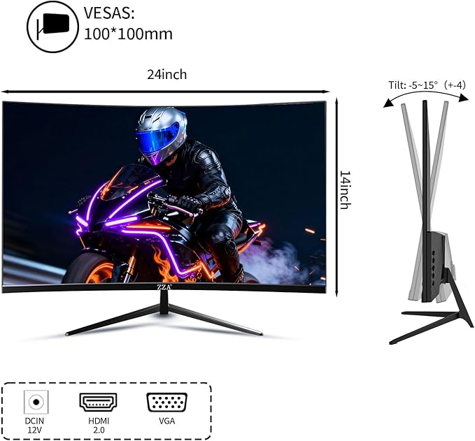 ZZA 27 inch 100Hz Curved Monitor with 1K 1920x1080 Computer Screen 27 inch FHD with HDMI,VGA and Wall Mountable|1080P Eye Care PC Office Display for Working and Gaming