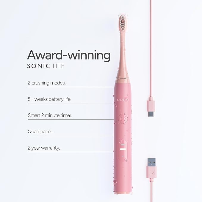 ORDO Lite Sonic Toothbrush, Electric Toothbrushes with 35,000 Pulses Per Min, Dual Modes, Over 5 Weeks Battery, Smart Timer, Waterproof, USB C, Petal