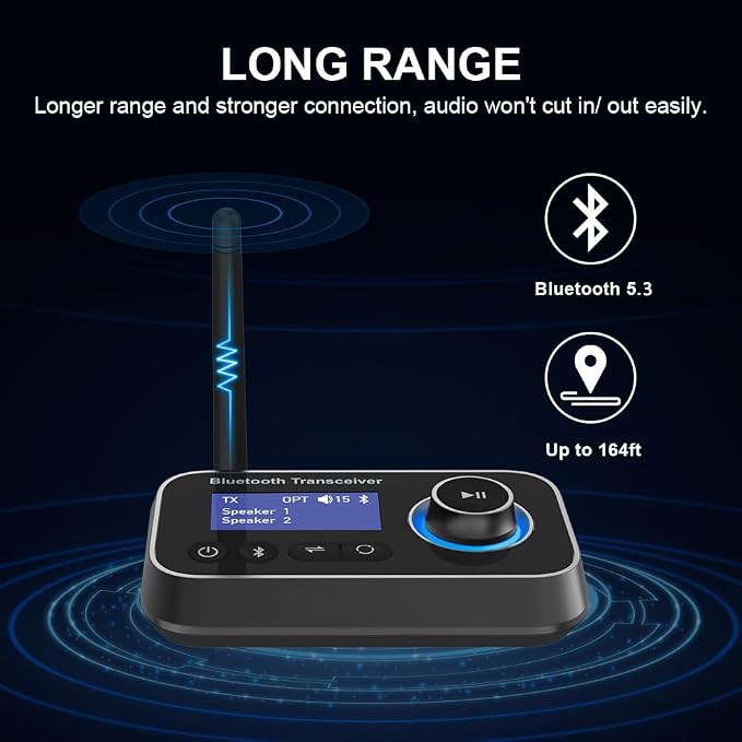 Bluetooth 5.3 Transmitter Receiver for 2 Headphones 3-in-1 Audio Adapter with Bypass Low Latency LCD Display ON/OFF Switch Volume Control Optical AUX RCA for Headphone Speaker TV Home Stereo