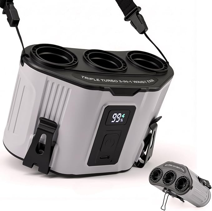 Portable Personal Fan: 3-Motor Hands-Free Waist Fan with 12,000mAh Battery & 5-Speed Airflow – Powerful Cooling for Construction Sites, Camping, Hiking & Travel-Belt Fan
