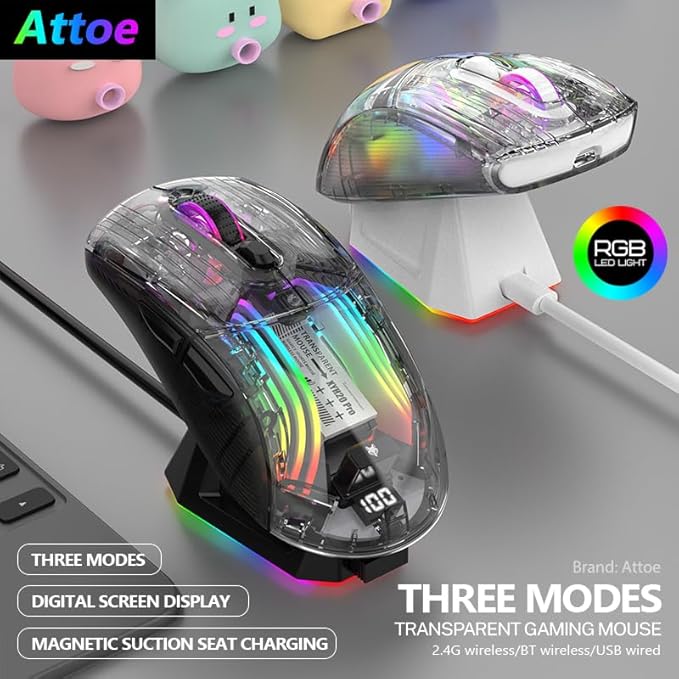 Wireless Gaming Mouse with Transparent RGB Mechanical, Tri-Mode 2.4GHz/Bluetooth/Wired Mouse, Charging Base, Digital Display,Silent Mice, 7 Buttons, Computer Mouse for Gaming and Esports (Black)