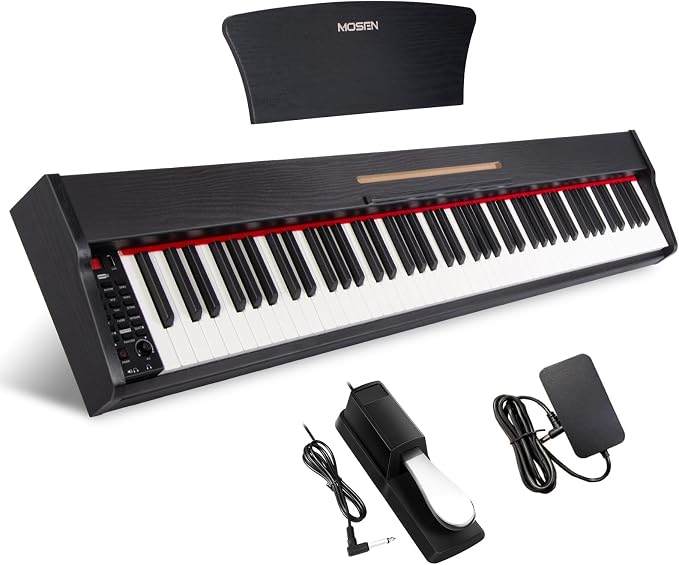 MOSEN Piano Keyboard 88 Keys, Beginner Digital Piano with 88 Key Velocity-Sensitive Keyboard Full Size, Record, Chord, Piano Stickers, Sustain Pedal, Retro Wood Finish Black