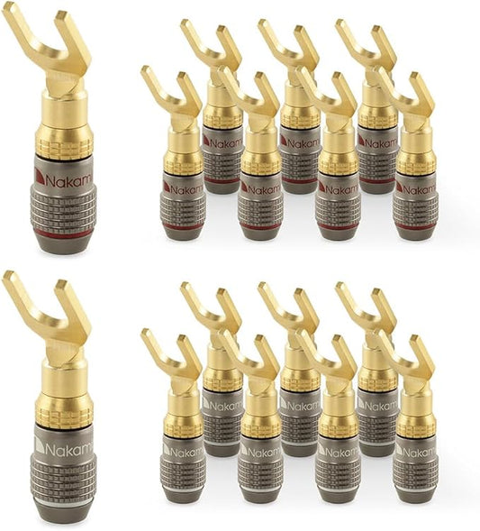 Nakamichi FanLock Excel Series 24k Gold Plated Spade Connector Banana Plug 10 AWG - 18 AWG Gauge Size 4mm for Speakers Amplifier Hi-Fi Home Theatre Wire Cable Quick Connector, 16 Pcs (8-Pairs)