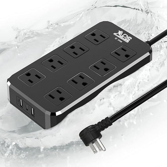 QIYUAN IPX6 Waterproof Outdoor Power Strip, Surge Protector with 8 Outlets & 3 USB Ports (2A1C), 6FT Flat Plug Extension Cord for Garden Patio - Fireproof ABS, Black