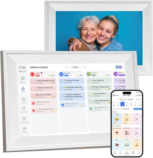 10.1" Digital Picture Frame & Smart Calendar, WiFi Touchscreen Chore Chart for Kids, Family Schedule Planner & Meal Board, Auto-Sync, AI Photo Restoration, Gifts for Mom Women, No Subscription (White)