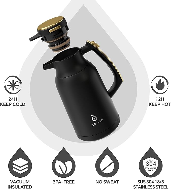 IDEUS Thermal Coffee Carafe, Stainless Steel Double Wall Insulated Vacuum Flask, Water Jug Coffee Server and Beverage Dispenser, Heat and Cold Retention (Black-Gold, 68, Fluid Ounces)