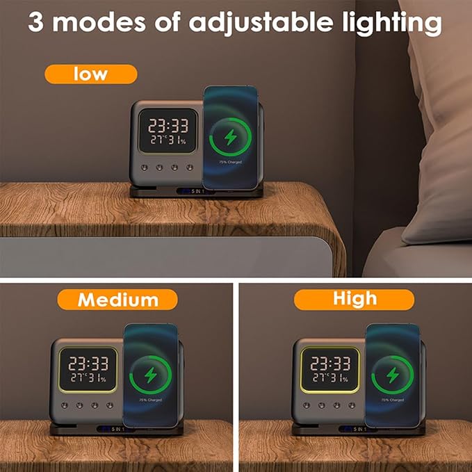 AYI Multi Functional Wireless Charging Station with Digital Clock 15W Fast Charge Night Light Temperature Humidity Monitor Wireless Charger for All Qi Phone TWS Headphone and Apple Watch-DH15 Black.