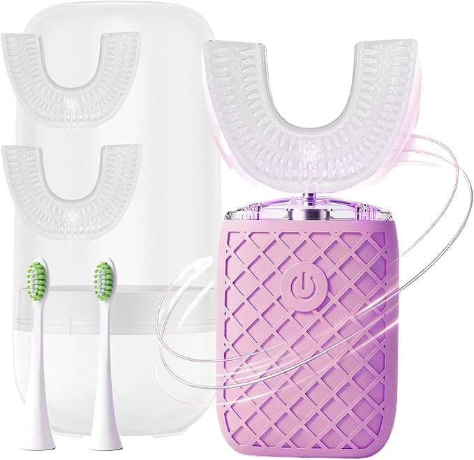 Sonic Electric U Shaped Toothbrush for Adults, Automatic Full Mouth Cleaning Toothbrush, 360° Stain Removal, IPX7 Waterproof Rechargeable, 3 U-Shape & 2 Straight Brush Heads (Pink-Cup)