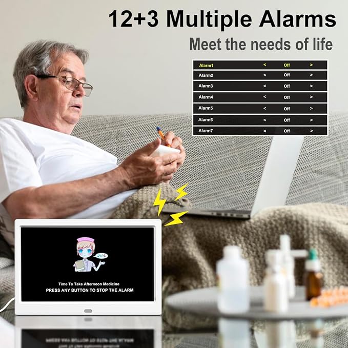 AINFTIME DST Clock with Day and Date for Elderly-3 Display Digital Calendar Alarm Day Dementia Alzheimers Clock with Extra Large Display (10.1 Inch White)