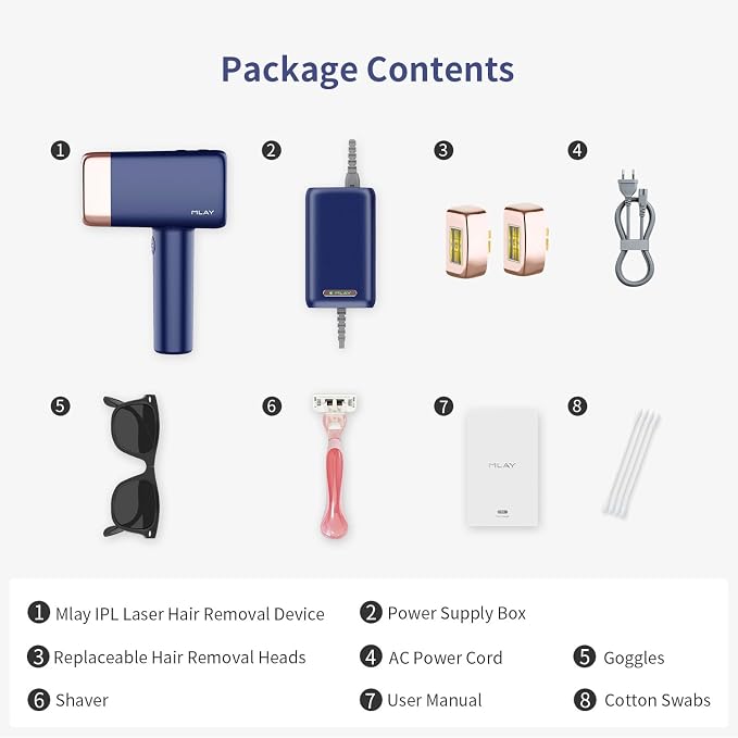 MLAY IPL Laser Hair Removal, Hair Removal Device with Ice Cooling Painless Hair Removal for Women & Men, Permanent Hair Removal at Home for Arms Armpits Face Legs Bikini Line, 5 Energy Levels, 2 Heads