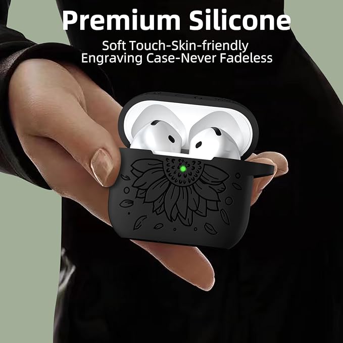 Lerobo for Airpods 4 Case Cover, Floral Engraved Soft Silicone Protective Case with Cleaning Kit & Keychain Compatible with Apple AirPods 4th Gen 2024 for Women,Wireless Charging & LED Visible,Black