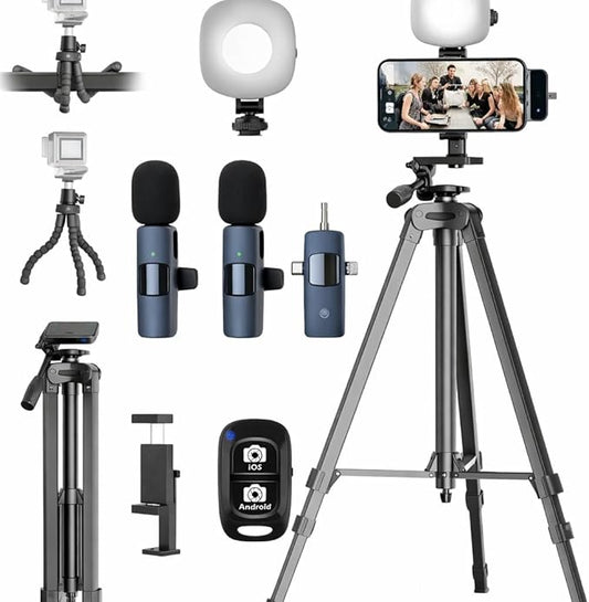 UBeesize Vlogging Kit for iPhone/Android, YouTube Starter Kit with Wireless Lavalier Microphone, Full & Flexible Tripods, LED Fill Light, for Tiktok Content Creators, Video Recording & Live Streaming
