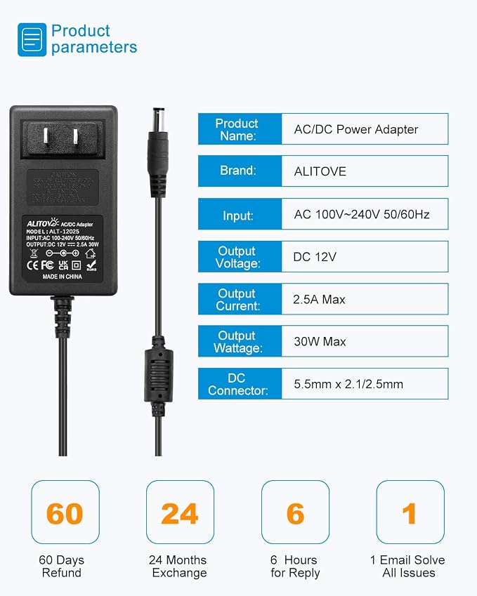 ALITOVE 12 Volt Power Supply 2.5A 30W Power Adapter AC 100~240V to DC 12V Converter 4.92FT Power Cord with 5.5 x 2.5mm DC Plug for LED Strip Lights CCTV Camera Routers Sceptre Monitor (5 Pack)