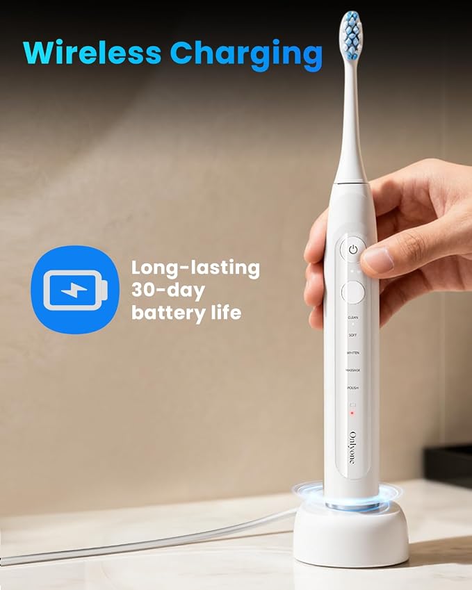 Onlyone Electric Toothbrush for Adults, Rechargeable Electric Toothbrush with 8 Brush Heads, Travel Case, Charging Base & Wireless Charging - 5 Modes with Smart Timer, White