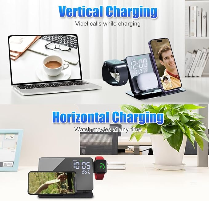 4-in-1 Wireless Charging Station for Apple Devices, 18W Fast Charge Wireless Charger Alarm Clock and Temperature Display, Wireless Charger Stand for iPhone 17 16 15 14 13 12, Apple Watch