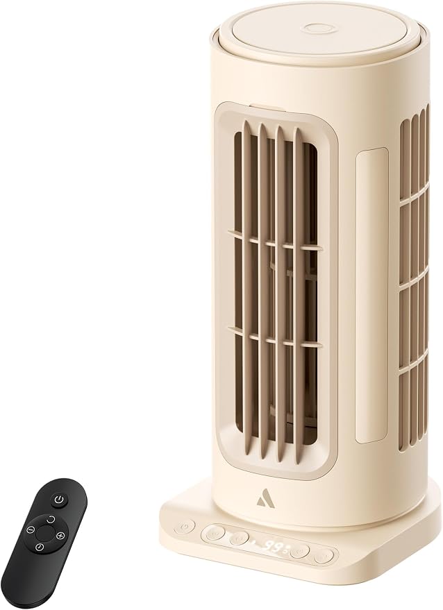 Aecooly Powerful Tower Fan for Bedroom,8000mAh Battery, 21H Max Cooling with Remote Control, 100 Speeds, 1-12H Timer, 60° Oscillation,11 Inch Portable Desk Fan for Home,Office - Beige