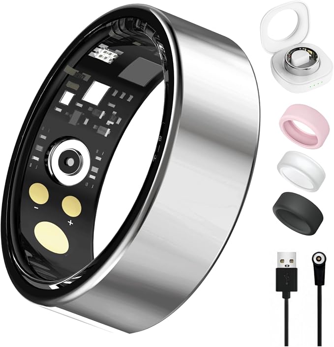 Smart Ring for Women Men, Health Tracker with Heart Rate/Blood Oxygen/Blood Pressure/Sleep Monitor/Step Counting, IP68 Waterproof Fitness Ring, No App Fees (Silver, 8#)
