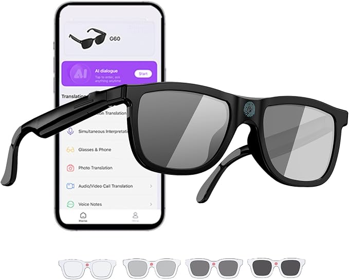 Electrochromic AI Glasses for Men & Women, Bluetooth Smart Glasses Powered by ChatGPT, AI Real-time Translation with 164 Languages, Music Play, Hands-Free Calls, Sunglasses for Daily Use, Travel
