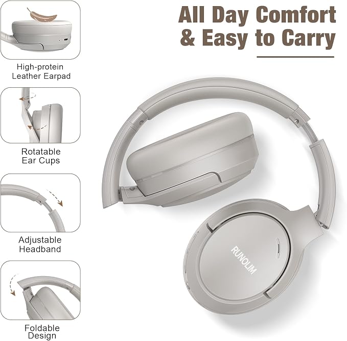 RUNOLIM Hybrid Active Noise Cancelling Headphones, 100H Playtime, Built-in Microphone, Bluetooth Wireless Over Ear Foldable Headphones with HiFi Audio, Home Travel Office