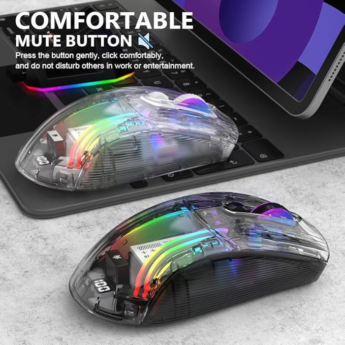 Wireless Gaming Mouse with Transparent RGB Mechanical, Tri-Mode 2.4GHz/Bluetooth/Wired Mouse, Charging Base, Digital Display,Silent Mice, 7 Buttons, Computer Mouse for Gaming and Esports (Black)
