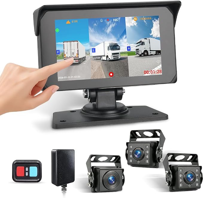 VSYSTO 3CH 5G WiFi Truck Dash Camera, Parking Guard, Infrared Night Vision, Turn Detection, Bluetooth 5 Inch Touchscreen GPS HD 1080P Front & Sides Backup Camera System for Semi Trailer Van Tractor RV