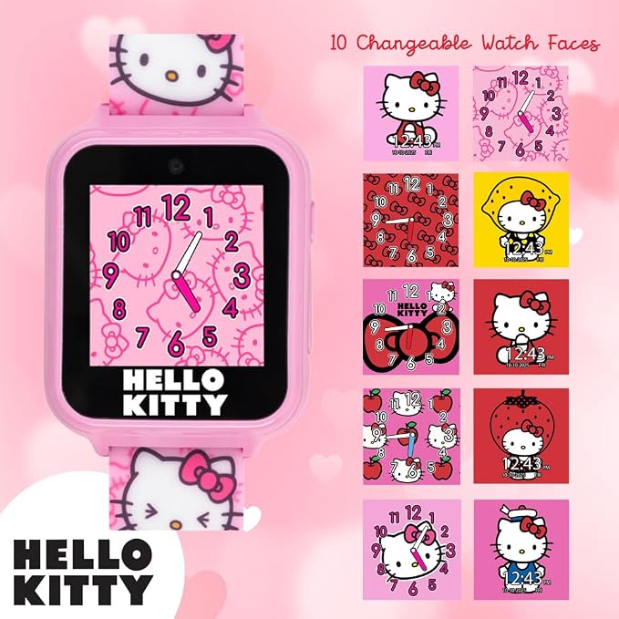 Hello Kitty Kids Smartwatch - Interactive Touchscreen with 10 Watch Faces, Camera, Games, Alarm, Step Tracker & More - Fun Gift for Girls with Pink Silicone Strap - Fits Wrists 5.5'' to 8.0"