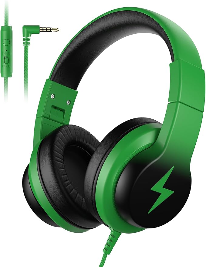Candy Bila Kids Headphones, Wired Headphones for Kids Over Ear with Microphone, Foldable Headphone for Learning & Entertainment, Black and Green