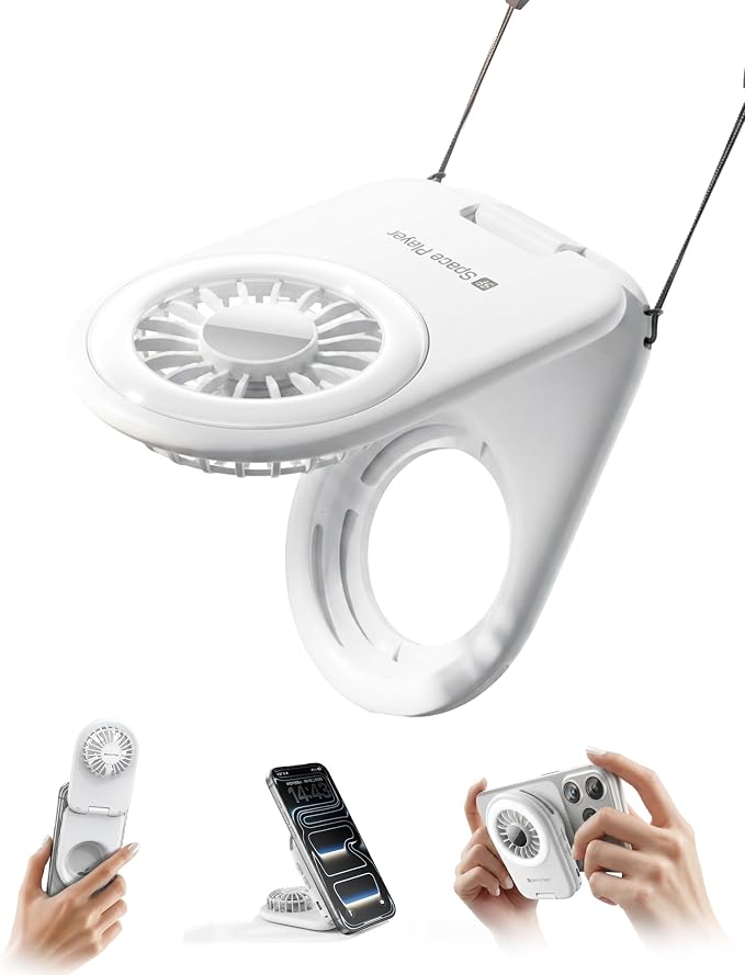 Space Player MagSafe Magnetic Cooling Fan for iPhone & Android Portable Phone Cooling Fan with LED Light Rechargeable Mini Handheld Fan 3-in-1 Magnetic Desk Fan for Gaming Travel & Outdoor Use White