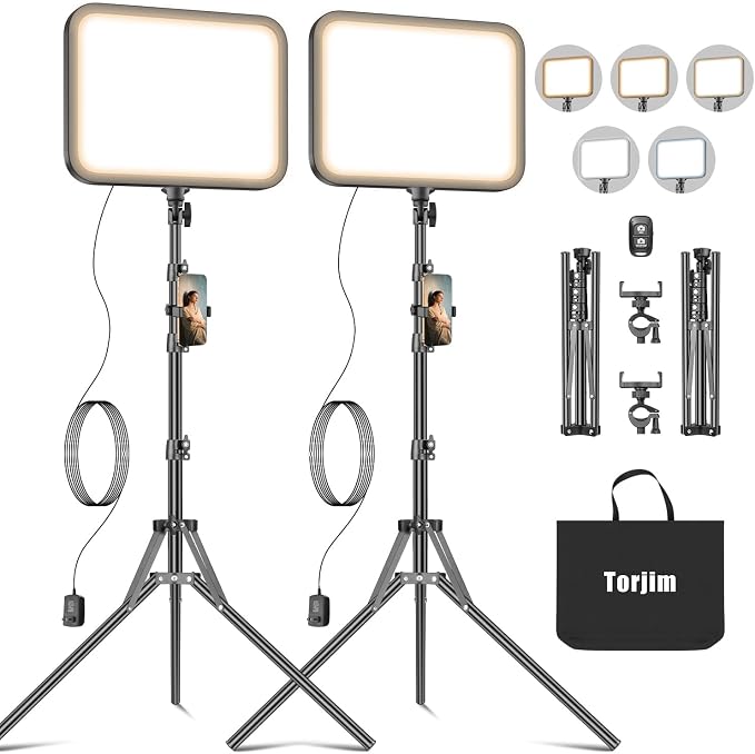Torjim 11 Inch Video Light Kit for Creators-24W High Brightness Studio Lights with Tripod Stand & Phone Holder & Remote, Adjustable Photography Lighting for Clearer YouTube Streaming Home Studio