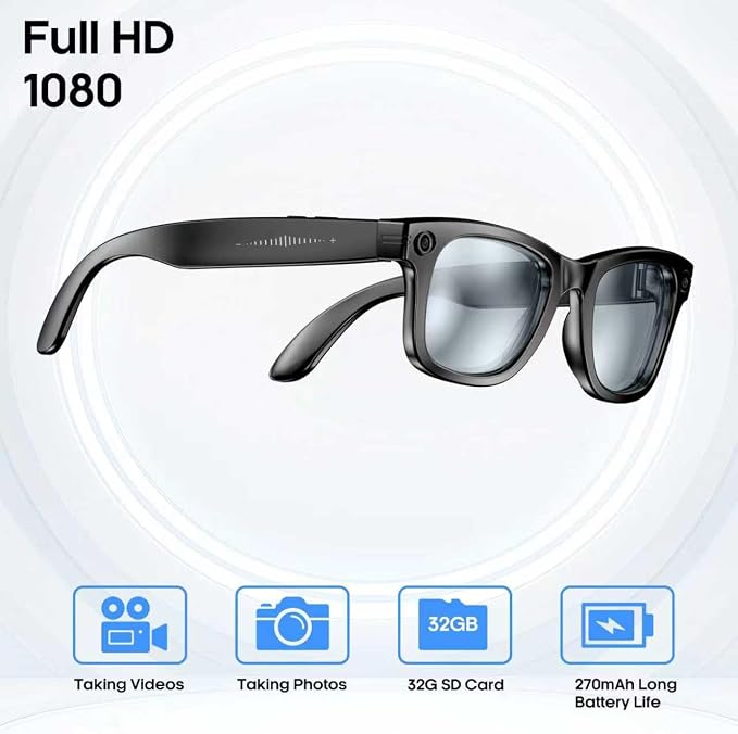AI Smart Camera Glasses for Men Women, 4K Photography,1080P HD Video Recording,Real-Time Translation, Open-Ear Audio,Voice Assistant, Lightweight (Black Frame-Blue Light Blocking Lens)