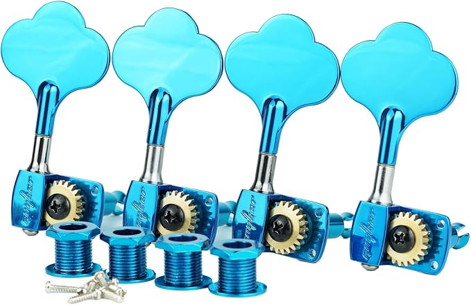 Guyker Bass Tuners (4 for Right) - 1:22 Ratio Gear Open Frame Bass Drop Locking Machine Head Tuning Key Pegs Replacement for Electric Jazz Guitar Bass or Precision Instruments, BB100 Blue