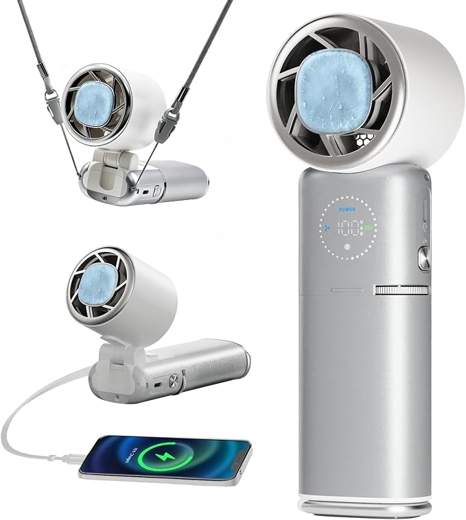 Portable Handheld Fan, 9000mAh Small Turbo Hand Held Fan, Doubles as Power Bank, Build-In Retractable Wire, 100 Speed Scroll Wheel, Personal Rechargeable Fan for Travel & Outdoor - Sliver White