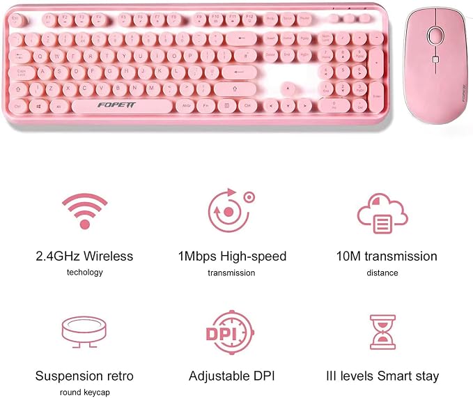 Wireless Keyboard and Mouse | Cute Colorful Keyboard and Mouse with 2.4GHz Cordless Retro Typewriter Keyboard | Auto-Sleep | USB Receiver for Windows PC/Laptop - Pink
