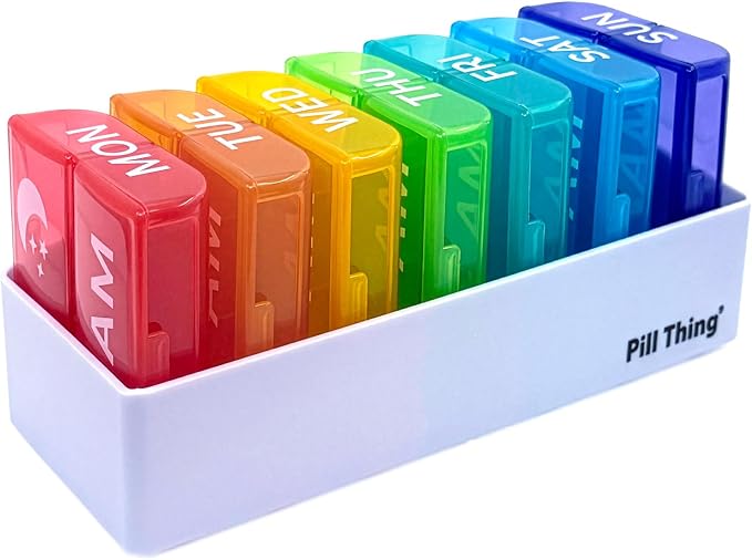 2 Times a Day, 7 Day Large Weekly Pill Organizer with Holder Tray, Vitamin, Medicine Box, Multicolor with Medical Alert Card (2X a Day - 2 Pack)