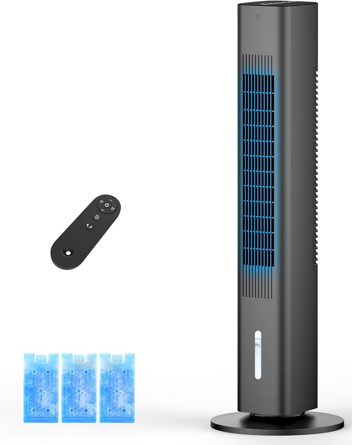 Windowless Portable Air Conditioners, 35" Evaporative Air Cooler w/1.2L Water Tank, 3 Ice Packs, 7H Timer, 60° Swing, No Hose No Window Needed, 3-IN-1 Portable AC Unit for Room Bedroom, Black-1